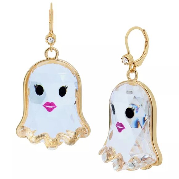 NWT Betsey Johnson Faux Crystal Ghost Gold Tone Drop Earrings Halloween Sparkly - Picture 1 of 4